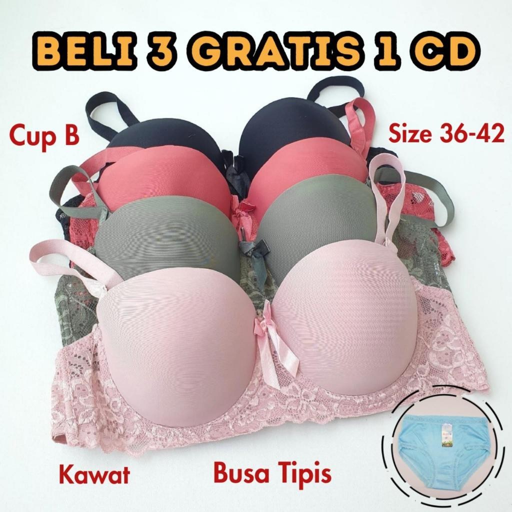 3 Pcs Bra Kawat Busa Tipis Katun Polos Dapat CD Sexy