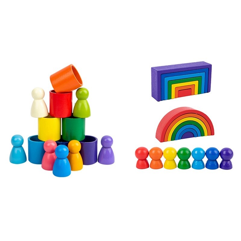 Rainbow Blocks Wooden Toys Kids Early Learning Educational Toys With 21 PCS Wooden Toddler Toys