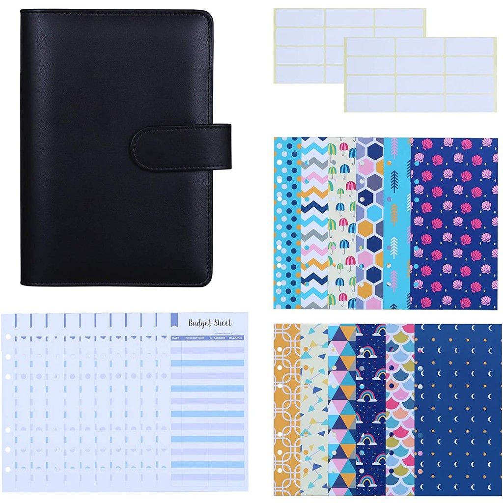 

27 Piece A6 PU Leather Folder Budget Cash Envelope System Budget Planning Expenditure Budget Sheet and Labels for Bills Notepad