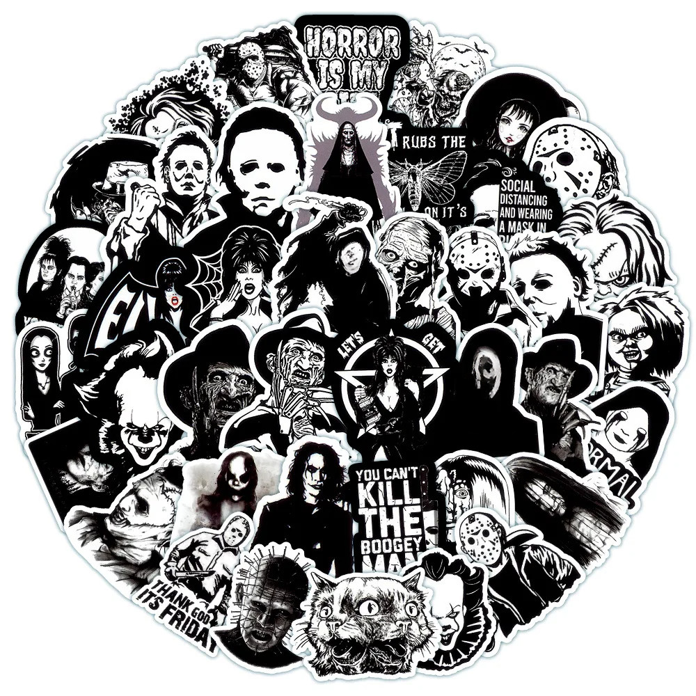 

10/25/50pcs Black White Horror Movie Stickers Film Graffiti for DIY Scrapbook Stationery Suitcase Bottle Phone Laptop Guitar