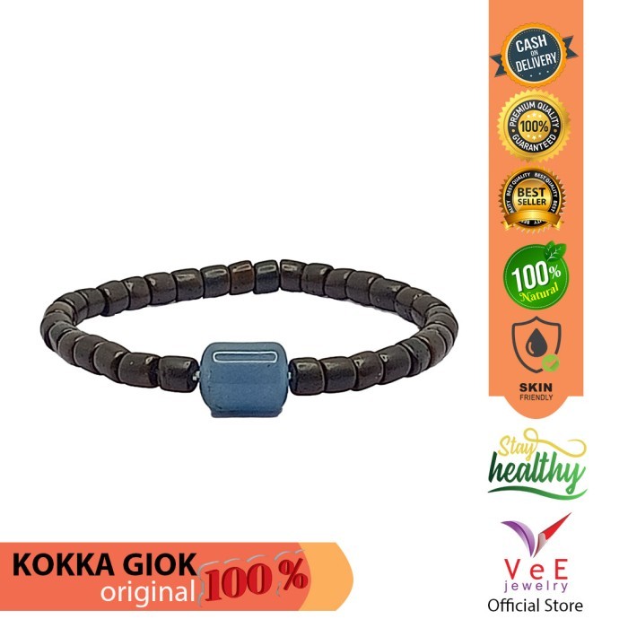 Gelang Tasbih Kayu Kokka Marjan Hitam Batu Giok Jade Asli Cina - VeE - Blue Aventurine
