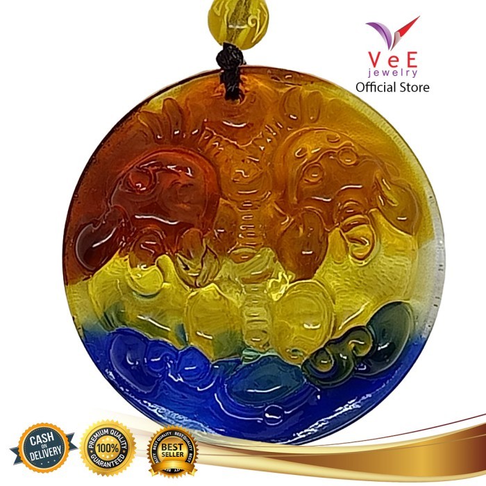 Kalung Liontin Batu Giok Asli Cina Naga Pixiu Pelangi - VeE Feng Shui - 2 Pixiu