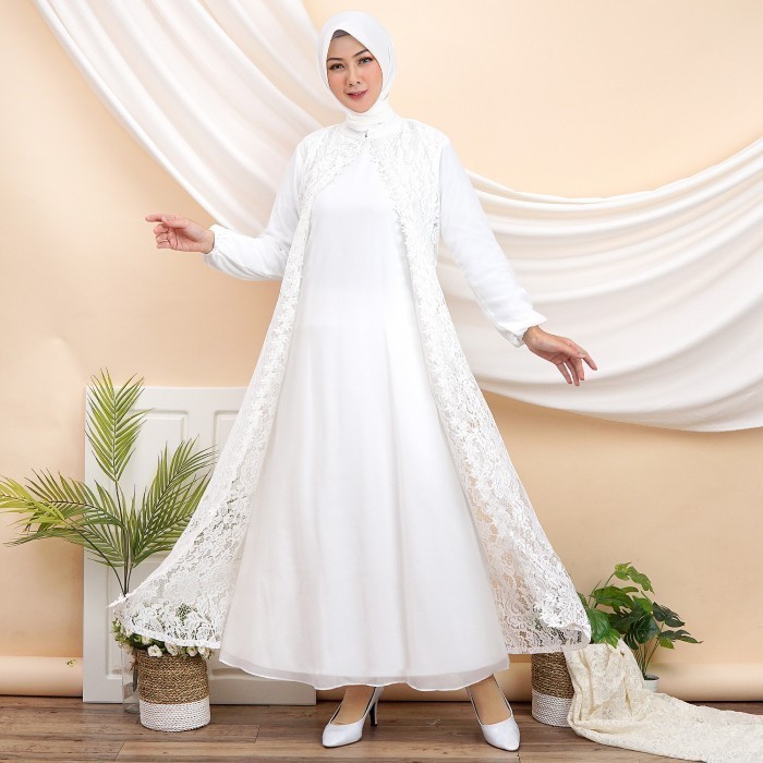 Gamis Putih Muslim Wanita Dress Brukat Lebaran Haji Umroh Manasik 055 - L