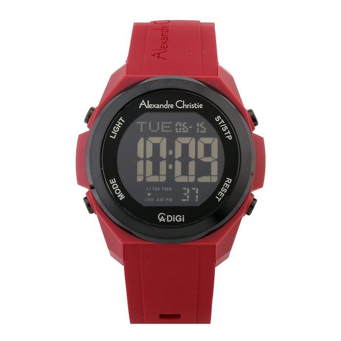Jam Tangan Pria Alexandre Christie Digi AC 9342 MH RIGBARE Men Black Digital Dial Red Rubber Strap