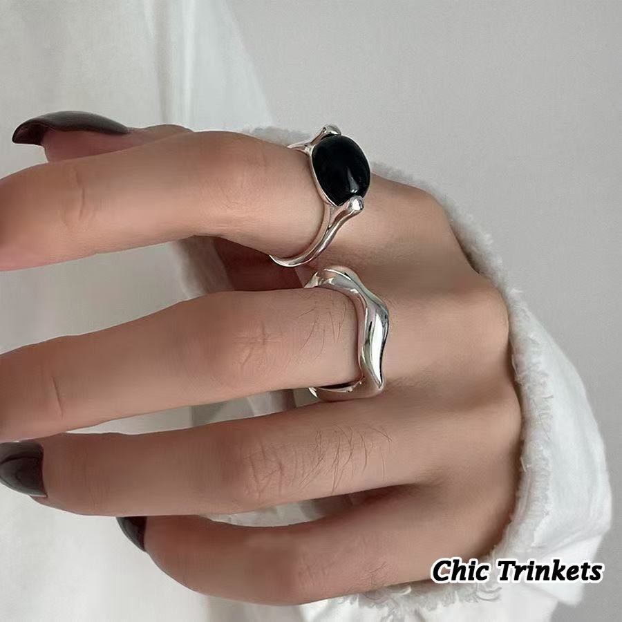 【Chic Trinkets】Cincin Wanita Cincin Batu Akik Hitam Tiga Dimensi Unik Cincin Jari Makanan Gaya Dingi
