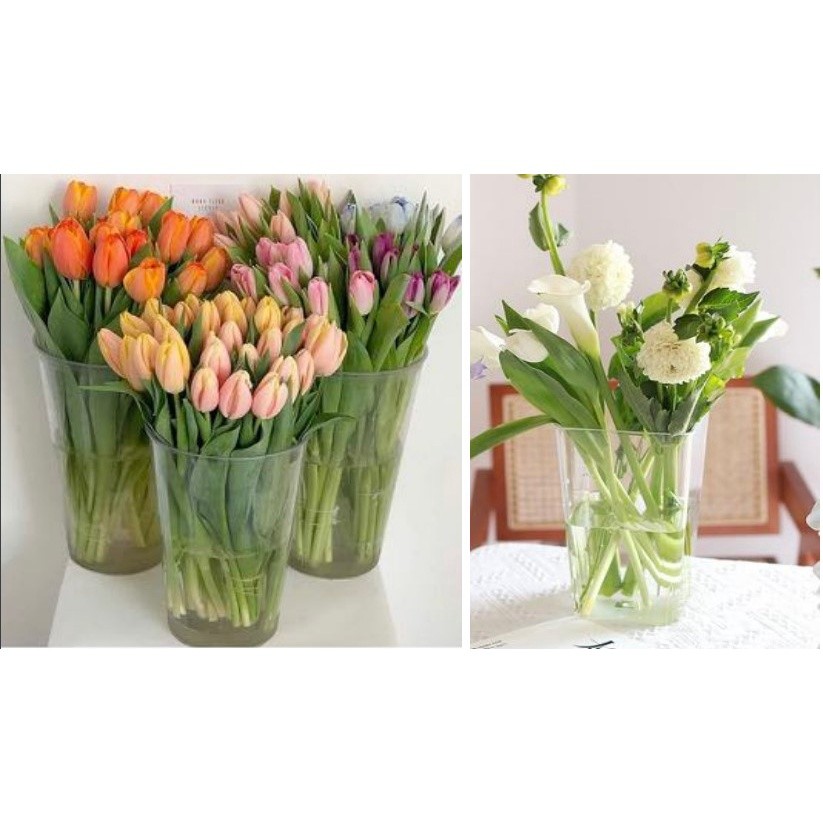 Vas Bunga Acrylic Bening Silinder Kotak Transparent / Pot Bunga Tinggi / Ember Bunga Estetik