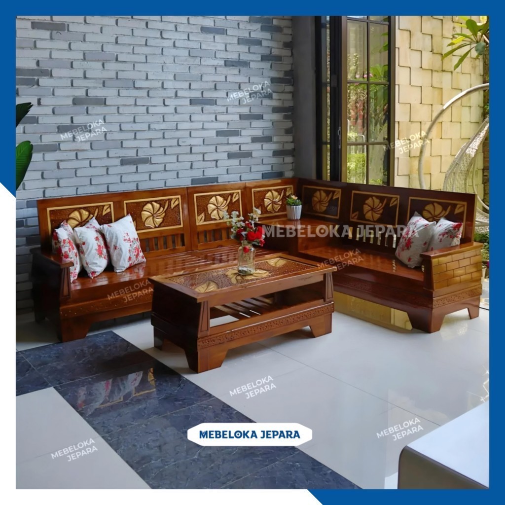 Set kursi tamu jati sudut piramid ukiran kelopak bunga. Meja tamu sudut kayu jati jepara