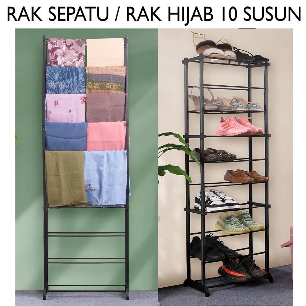 NEW MODEL AMAZING RACK / RAK HIJAB / Rak Sepatu dan RAK Jilbab TRI J 10 Tingkat FULL Plastik KOKOH