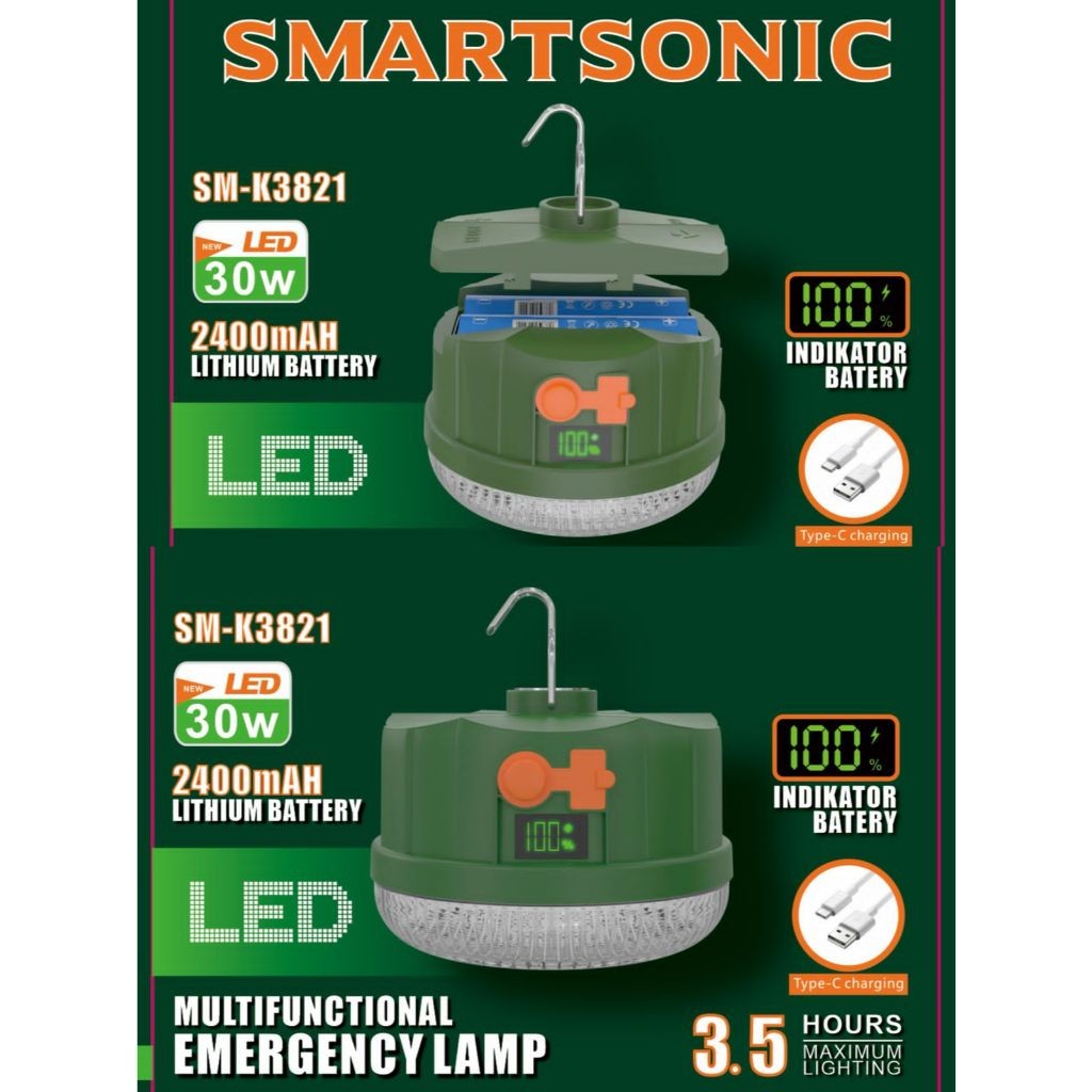 LAMPU EMERGENCY SMARTSONIC SM-K3821 30WATT 2400MAH - DENGAN INDIKATOR BATERAI - BATERAI BISA LEPAS P