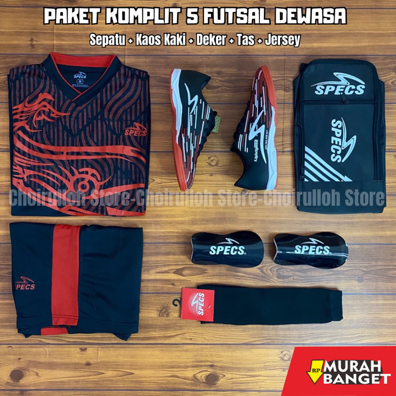 Sepatu specs keren- SEPATU FUTSAL DEWASA SPECS LIGHTSPEED REBORN HITAM LIS MERAH PAKET KOMPLIT