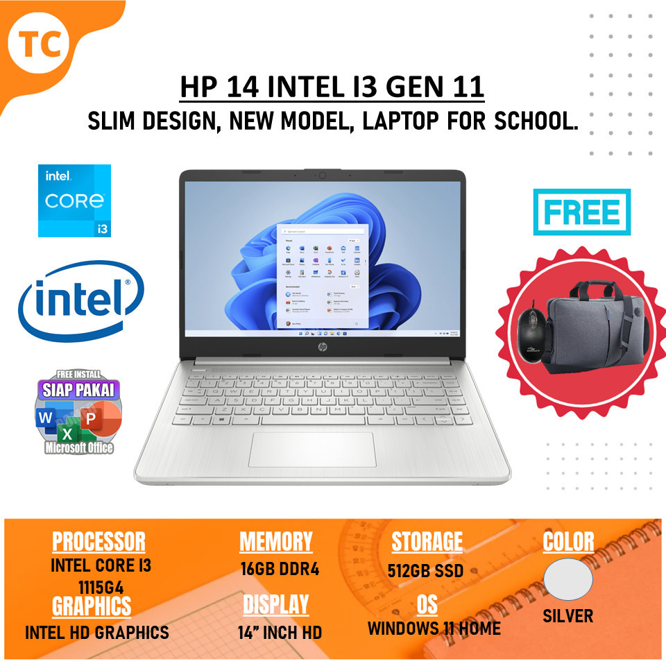 Laptop Murah Baru Hp 14 Intel Core I3 1115G4 Ram 16GB Ssd 512GB 14" Inch Windows 11 Original