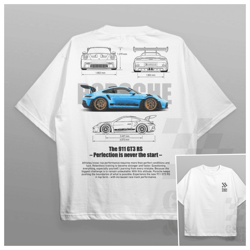 Sports Car T-Shirt Porsche 911 GT3 RS Grey Blueprint T-Shirt - White Car Men's Women's Shirt