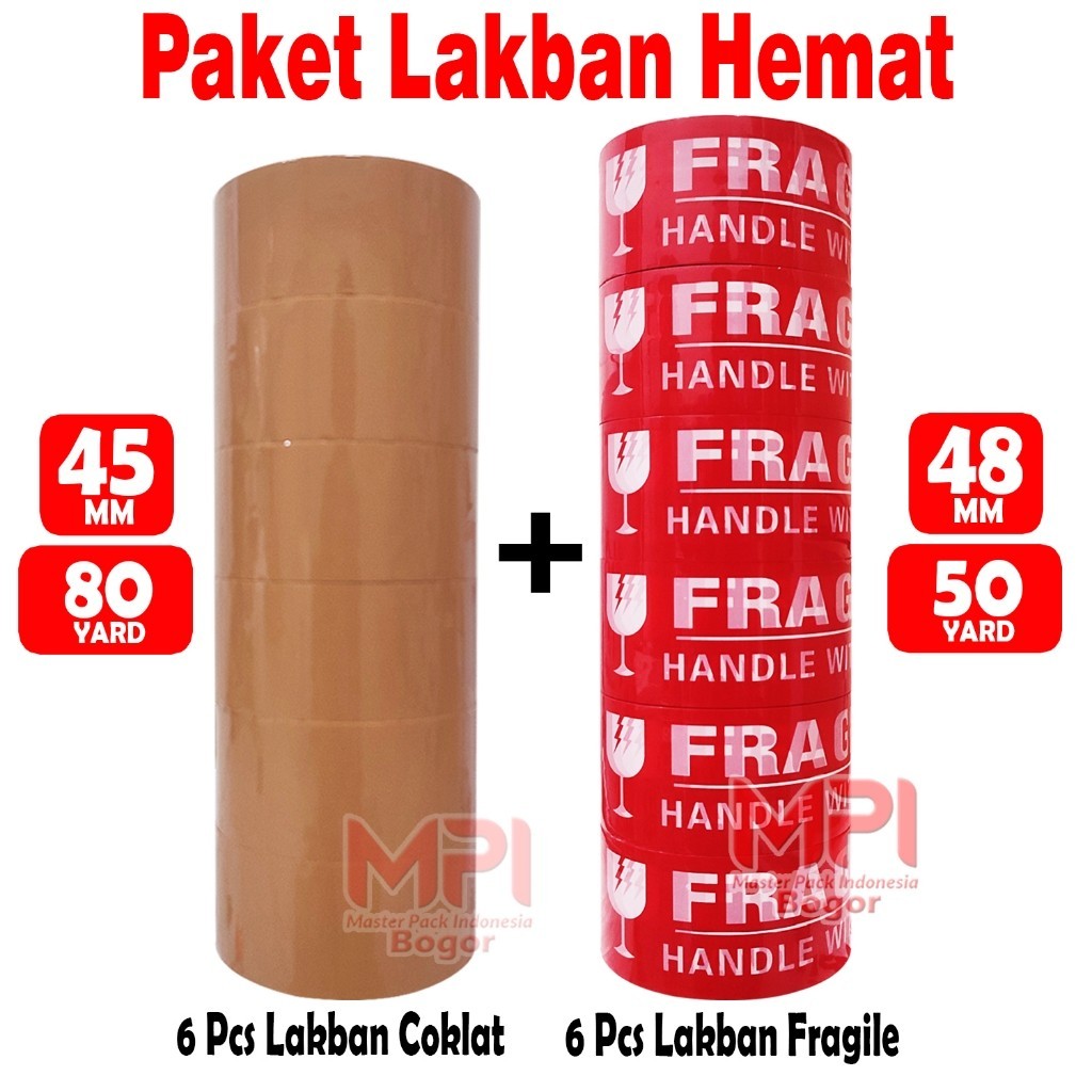 

Paket Lakban Hemat - 6 PCS Lakban Coklat 45 mm x 80 yard + 6 PCS Lakban Fragile 50 yard - Master Pack Indonesia Bandung