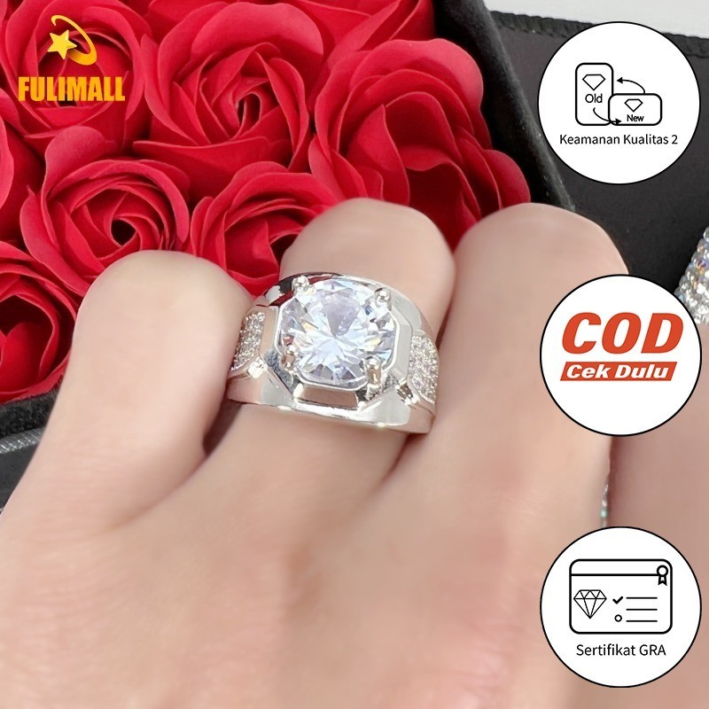 FULIMALL Cincin Berlian Imitasi Pria Berlian Penuh 5 Karat Mendominasi Cincin Berlian Imitasi Klasik