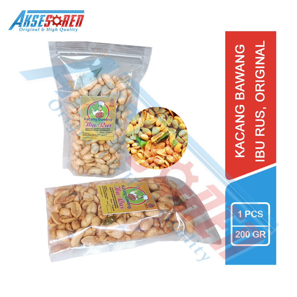 

Aksesoren Kacang Bawang Ibu Rus [Original/200gr] / Kacang Goreng Cemilan Gurih Asin Kemasan Pouch 200 Gram