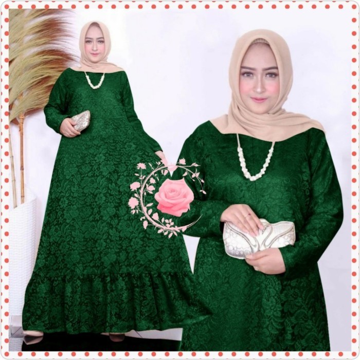 Gamis brukat M puspa hijau botol dress brokat corneli murah -Agr