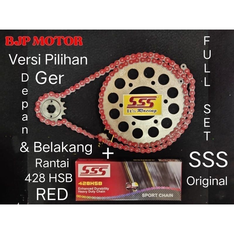 Gear Set FULL SSS 428 SATRIA 120/130/2T + Rantai SSS 428 HSB MERAH/RED 130L/140L + Pilihan Gir Depan