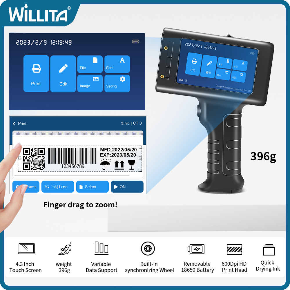 

Willita Inkjet Printers Handheld L1 For Plastic Metal Barcode Serier Batch Number QR Code Smart Thermal Logo Expiry Date Printer