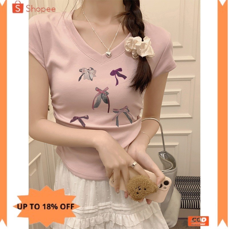 new✨ -OORA kaos slimfit V dasi crop korean style wanita Banyak busur kecil kaos Kelim berbentuk U wa