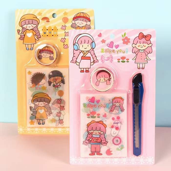 

[GROSIR ATK] SET STICKER DIY MOTIF KARTUN CUTE + WASHI TAPE + CUTTER PEMOTONG LG
