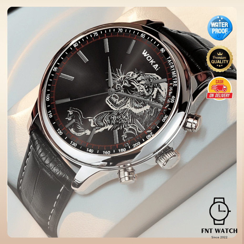 Jam Tangan Pria Kulit Original Wokai Quartz Water Resistant Leather PU Men Watch Mewah Motif Harimau