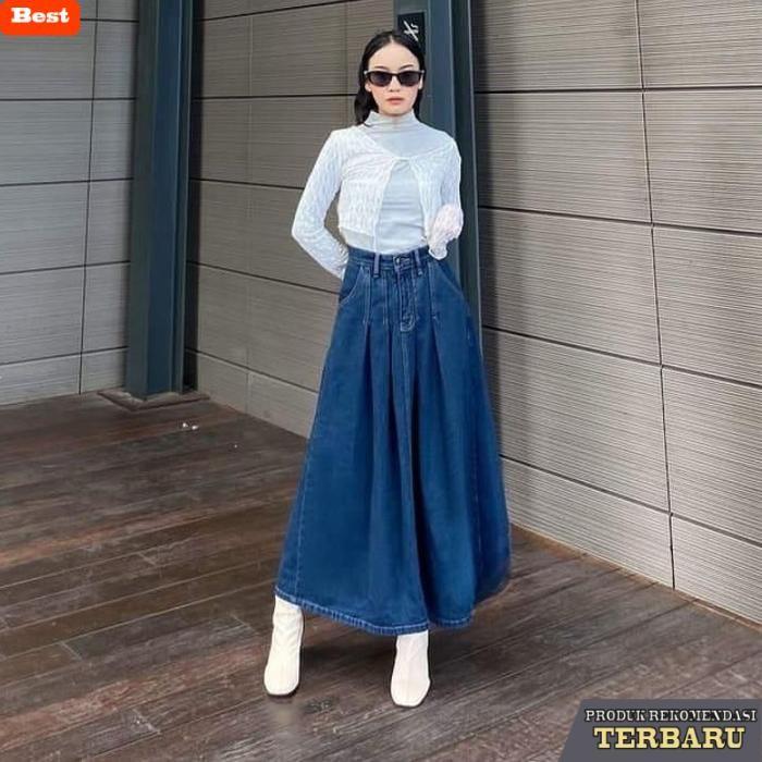 rok wanita kekinian Giselle Rok Jeans Highwaist Korean Style Rok Plisket Jeans Wash Premium Karet Pa