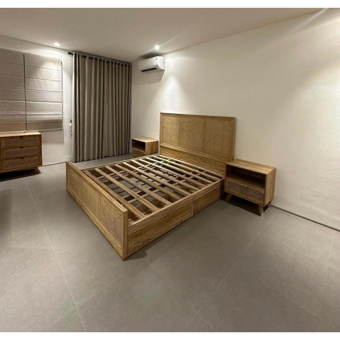 GFJ Dipan Tempat Tidur Laci Estetik Jati Minimalis Mix Rotan - 140x200