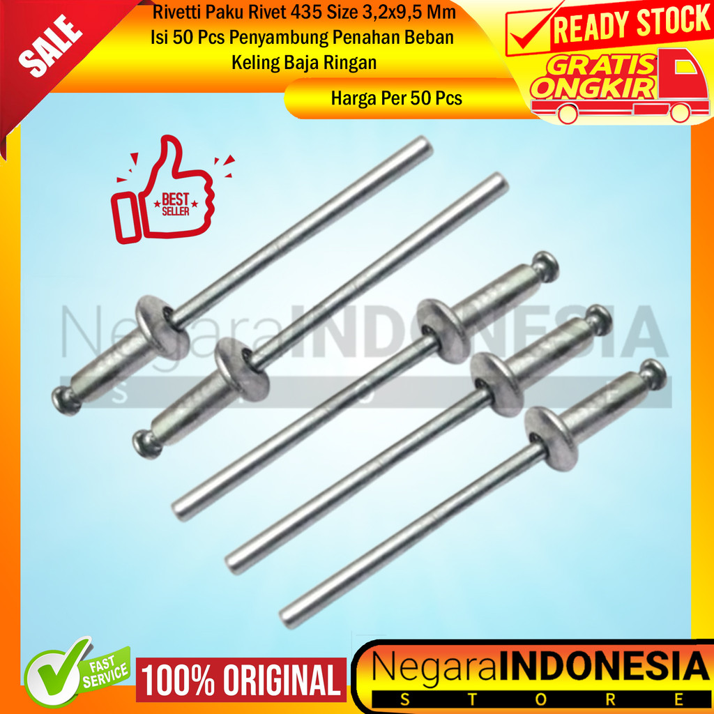 Rivetti Paku Rivet 435 Size 3,2x9,5 Mm Isi 50 Pcs Penyambung Penahan Beban Keling Baja Ringan Pengik