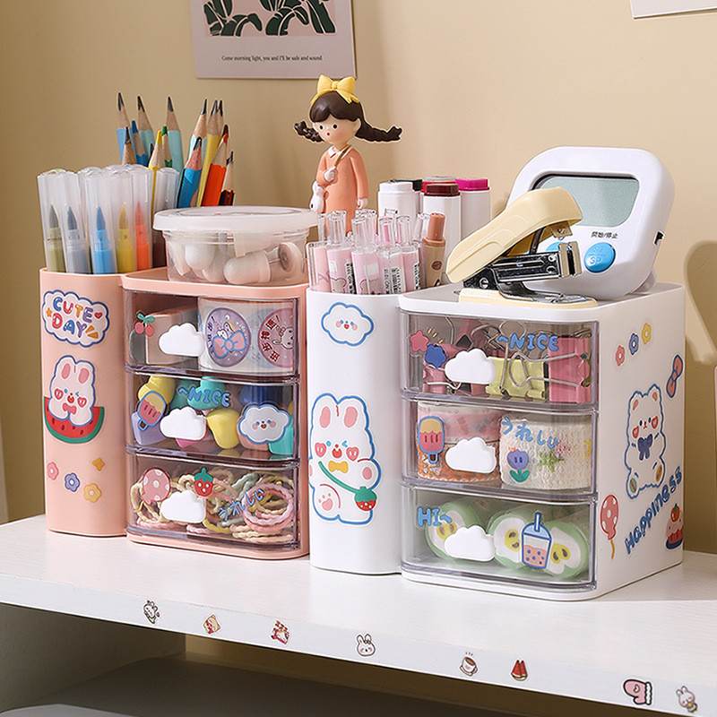 

1PCS Simple Pen Holder With Drawer Multifunction Desktop Organizer Stationery Storage Box Student Office Desk Decorations