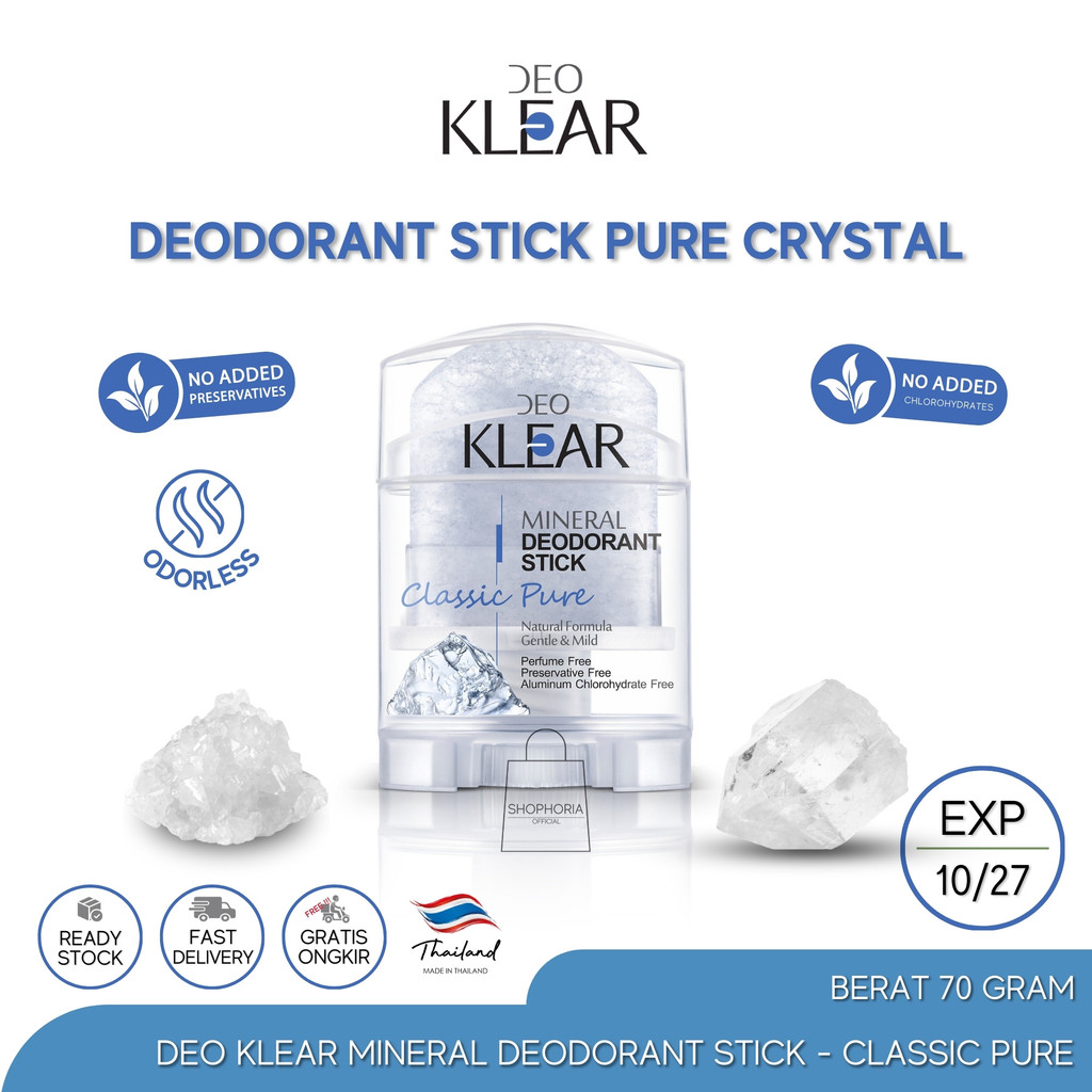 Deo Klear Mineral Deodorant Stick Classic Pure Biru Tanpa Aroma Berat 70 Gram Original Thailand Deok