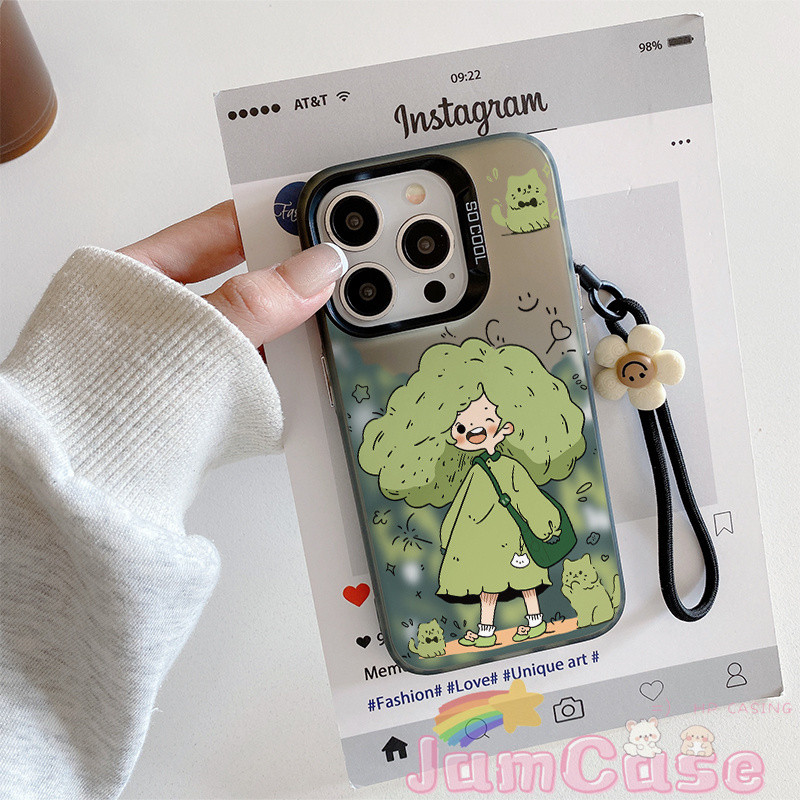 case iPhone 15 Gadis kucing dengan tali tangan Casing ponsel cocok untuk iPhone 11 11PROMAXSoftcase 
