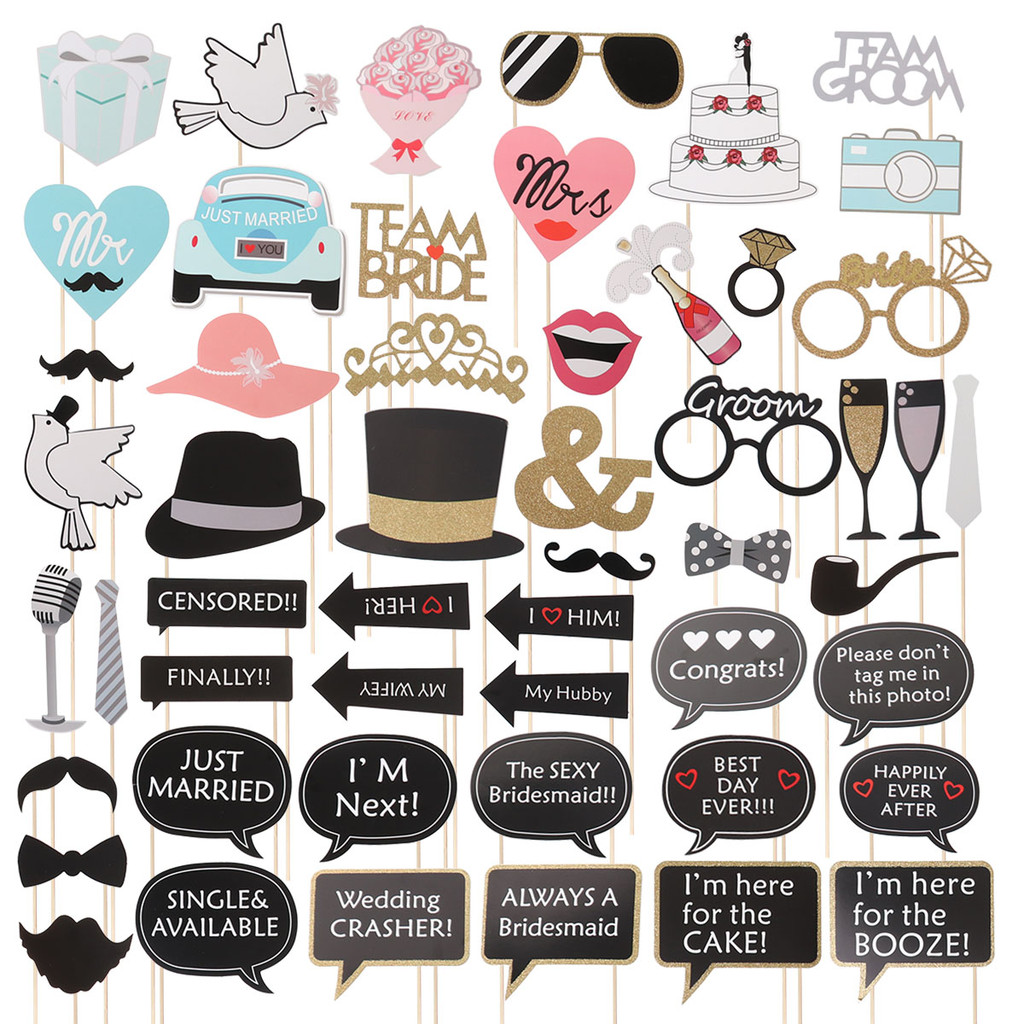 

53pcs Wedding Party Photobooth Props Beard Decorations Camera Cocktail Photo Booth Props