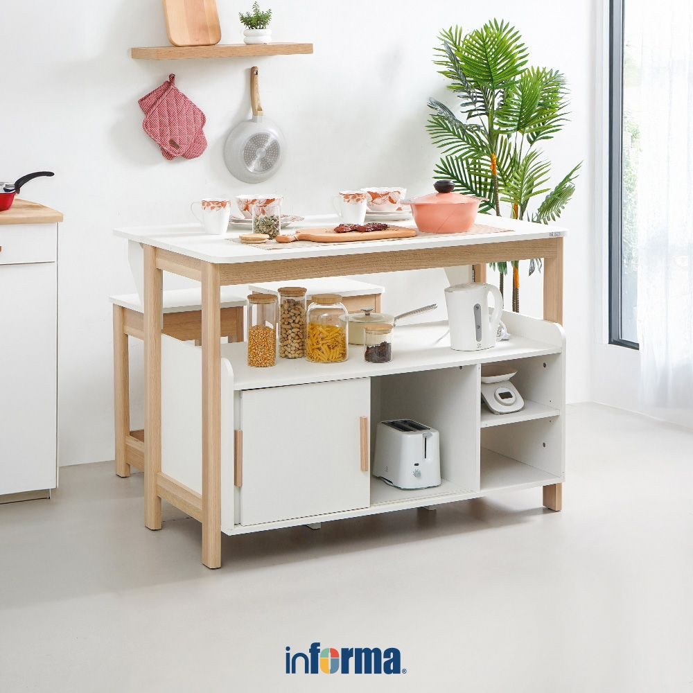 Informa Peter Set Meja Dapur Dengan 2 Bangku - Putih Kitchen Working Table Meja Masak Serbaguna Cook