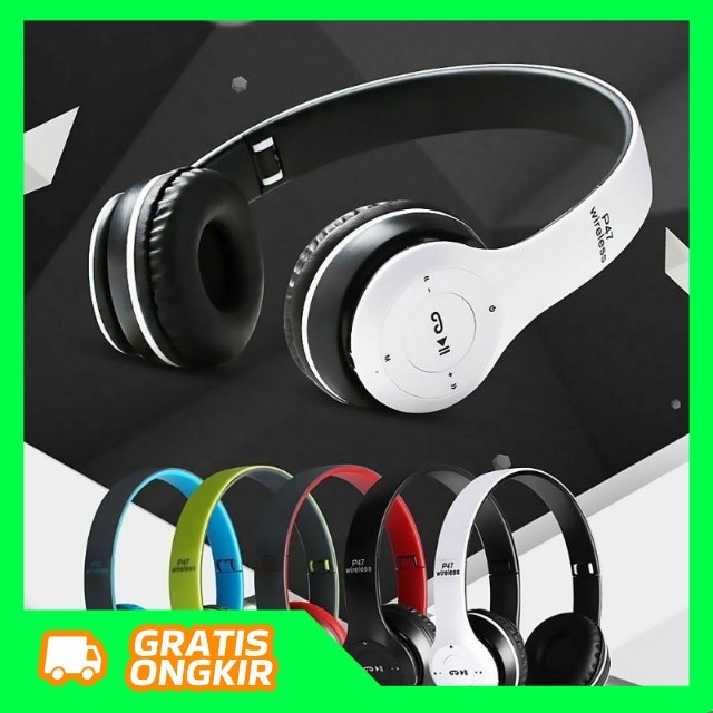 HEADSET HANDSFREE HEADPHONE HANDFREE EARPHONE BLUETOOTH P47 BANDO GAMING WIRELESS BASS MURAH ORIGINA