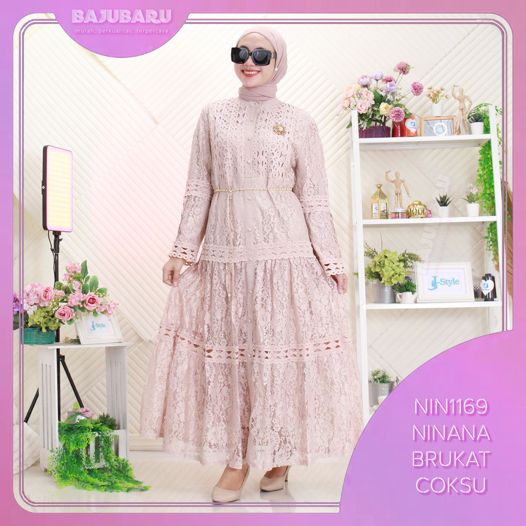 Ninana Gamis Pesta Kondangan Lebaran Wanita Muslimah Renda Brukat Mewah