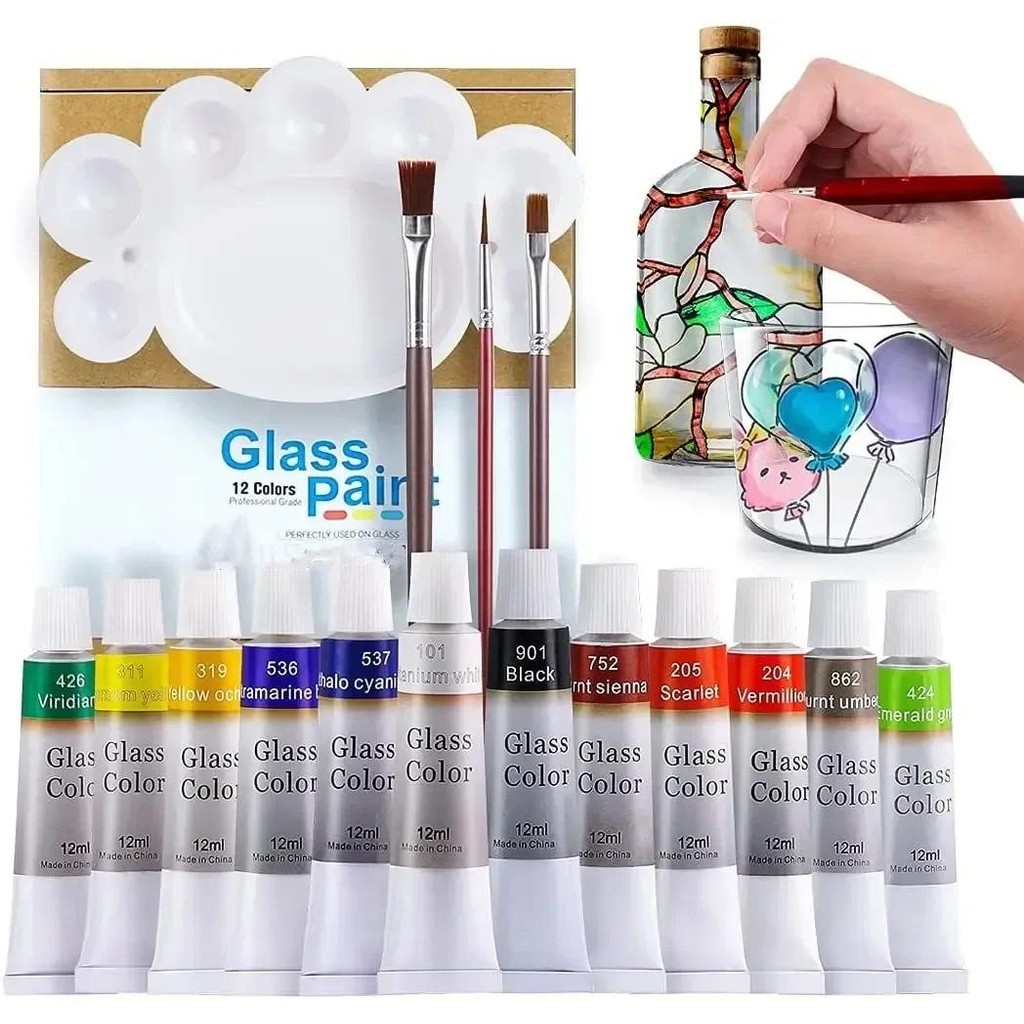 

12 24 Colors Stain Glass Paint Set with 6 Nylon Brushes, 1 Palette, Waterproof Acrylic Enamel Painting Kit for Art Supplies