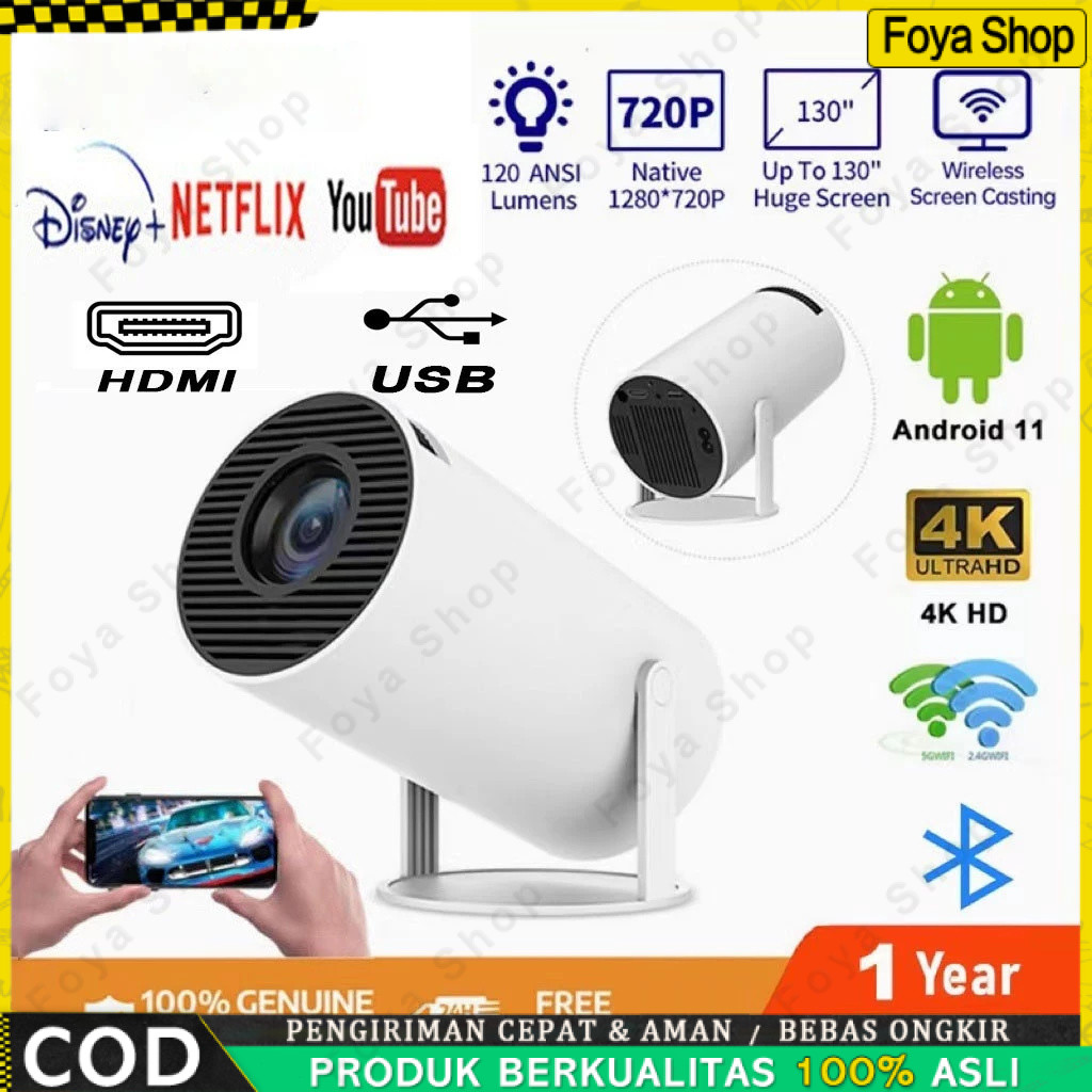Viuio HY300/310 Proyektor 8000Lumens Android 11.0 1080P Mendukung Koneksi Nirkabel WIFI 2.4G & 5G BT
