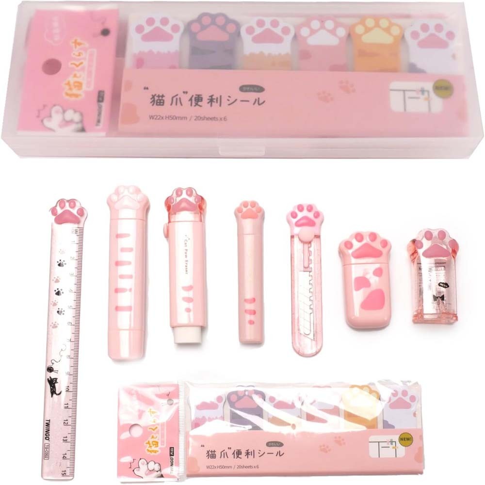 

Twingo 9 Pieces a Stationery Set, Cute Pink Cat Claw Pencil Box Set, to Meet the Needs of Daily Use, Suitable for School Office