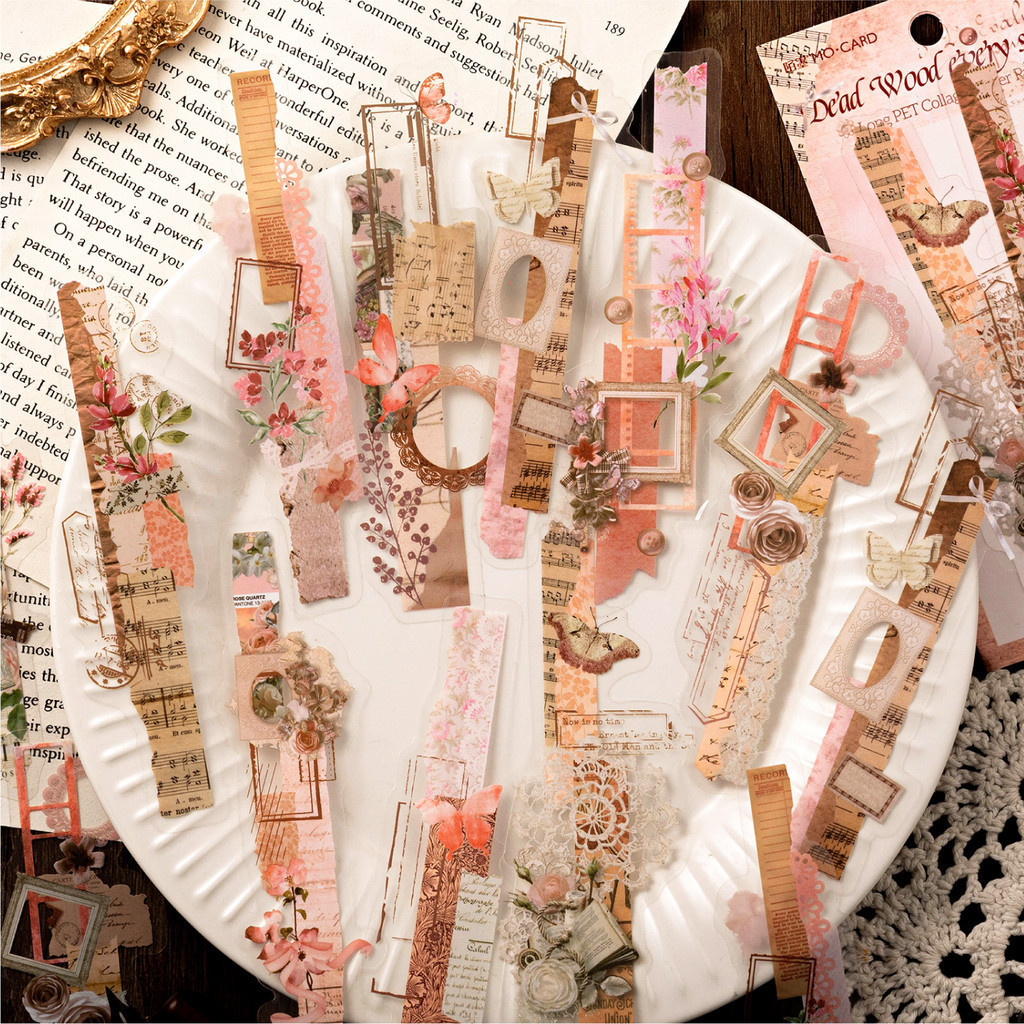 

20pcs/pack Vintage Long strip Stickers pack PET Material Junk Journal Gold Planner Stationery Sticker Planner Decorative