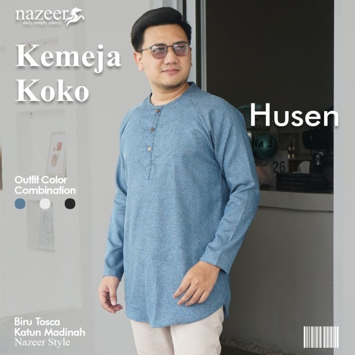 Koko MurMer_ Baju Kemeja Koko Muslim Kurta Pakistan Pria Dewasa Husen - Biru Tosca, L