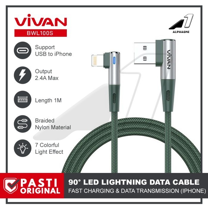 VIVAN Charger iPhone Lightning Kabel Data Gaming 90 Elbow BWL100S 2.4A