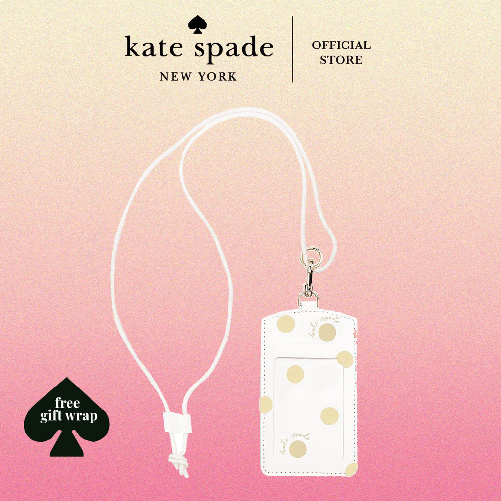 

Kate Spade Stationery ID Badge Holder with Lanyard, Vegan Leather Slim Card Wallet, Name Tag Case for Work, School, or Travel - Gold Dot with Script