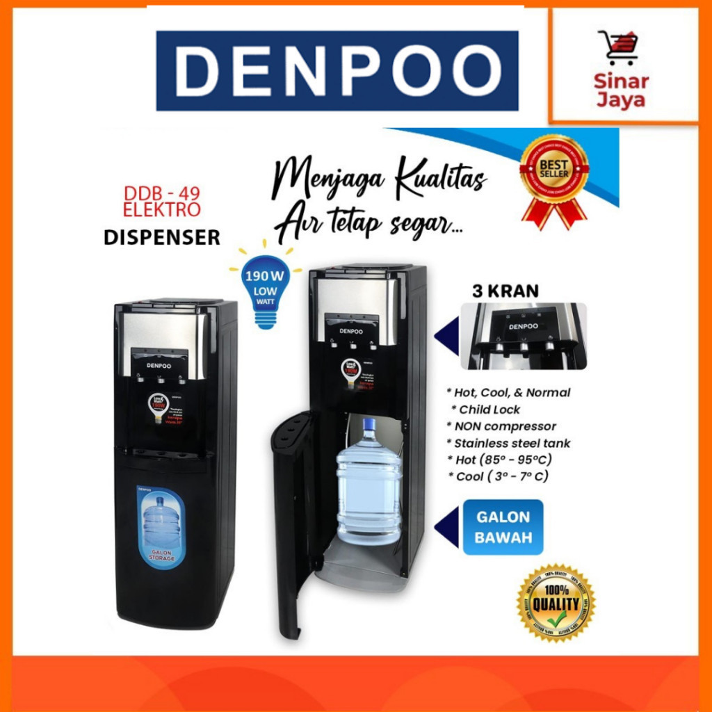 DENPOO DDB-49 Dispenser Galon Bawah 3 Kran Hot, Cold, Normal (Low Watt)