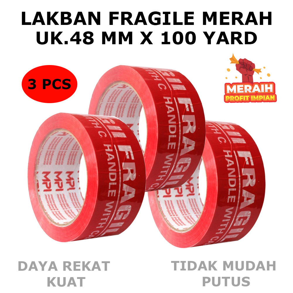 

3 PCS - Lakban Fragile Merah 48 mm x 100 Yard - Handle With Care Jangan Di Banting