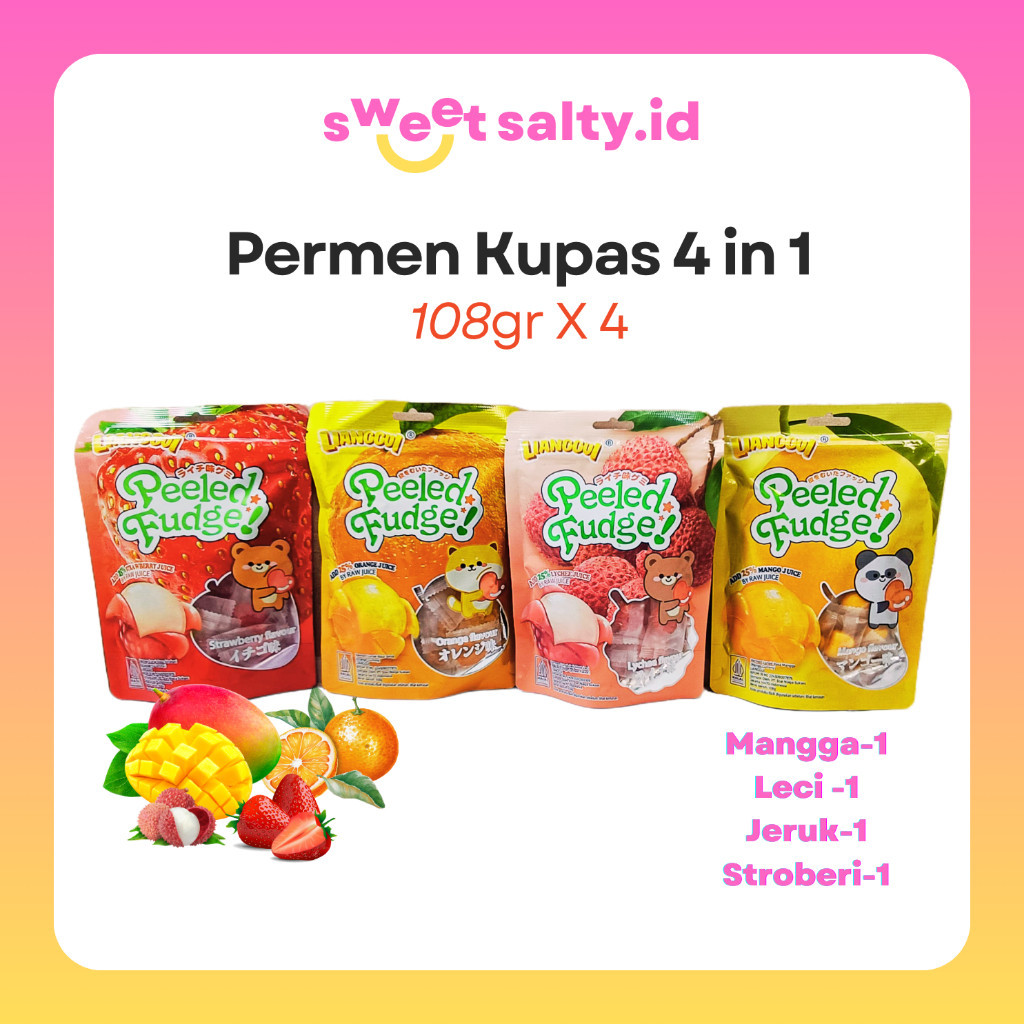 

Lianggui Permen Kupas 4in1 All Fruit Peeled Gummy | Permen Buah | Permen Lunak Aneka Rasa | Permen Mangga | Permen Leci | Permen Jeruk | Permen Jelly | Snack Halal