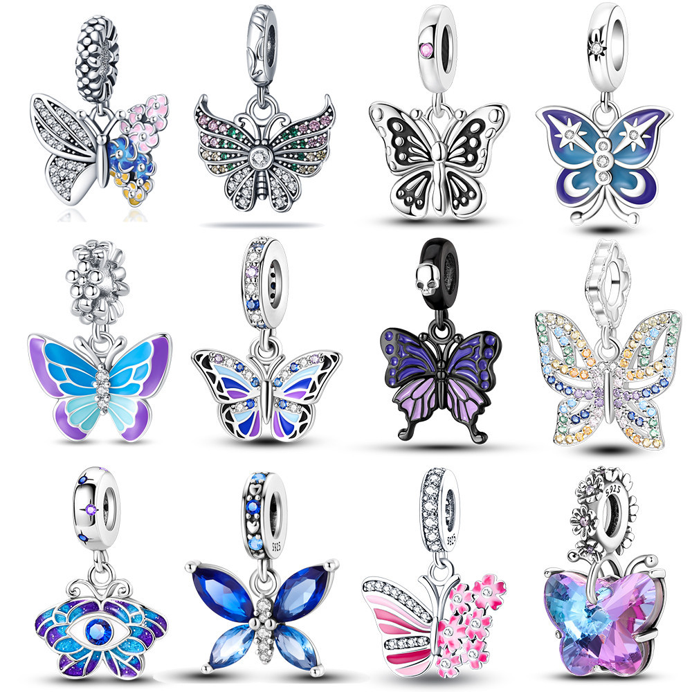 925 Sterling Silver Ice Blue Butterfly Pendant Fit Pandora Charms Silver 925 Original Bracelet for J