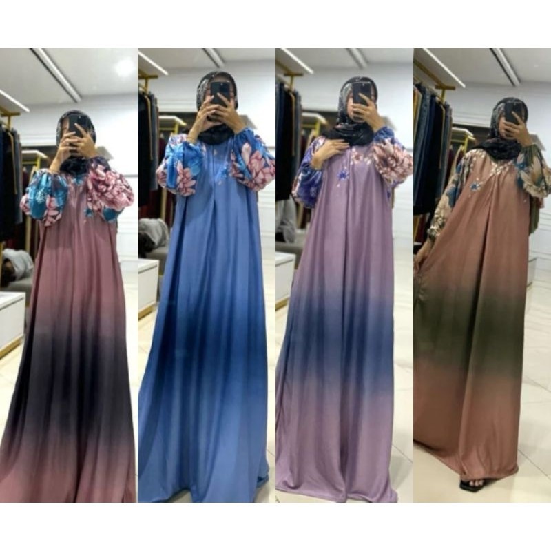 GAMIS HYGET MOTIF MAHIKA SERIES JUMBO BUSUI LENGAN KERUT TERBARU GAMIS MOTIF GRADASI TERLARIS Gradas