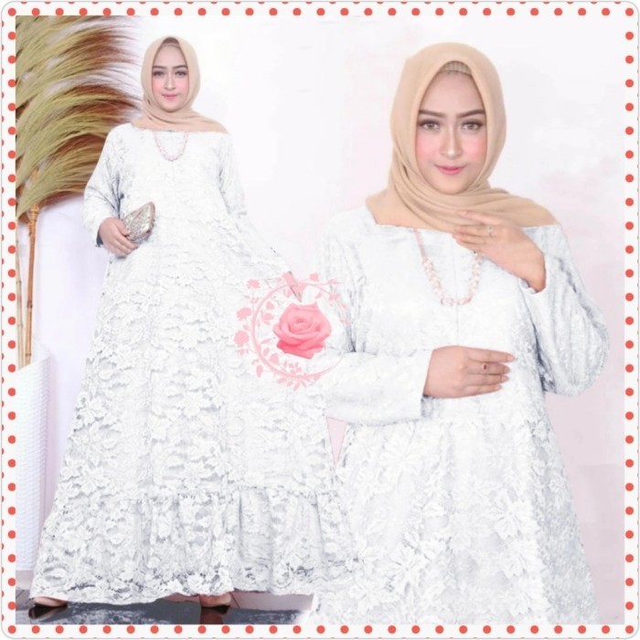 Gamis pesta brukat XXL puspa putih maxi brokat corneli murah -Agr