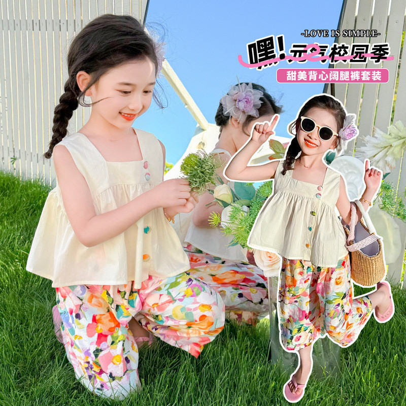 25-06203 Setelan Anak. Girl's Square Neck Sleeveless Top + Flower Pants Set Sz 90-140