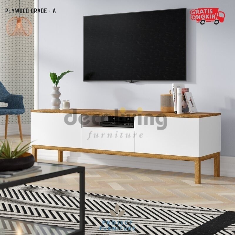 Decoliving Cadence - Meja TV / Rak TV Minimalis Modern Panjang 180 Cm  Maks Ukuran TV 70" Putih Oak